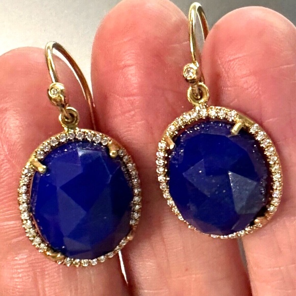 Designer IRENE NEUWIRTH 18K Yellow Gold Oval Lapis Lazuli Diamond Drop Earrings - Picture 9 of 15